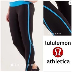 Lululemon Athletica Run Pace Tights Black and Turquoise Adjustable Waist sz 10